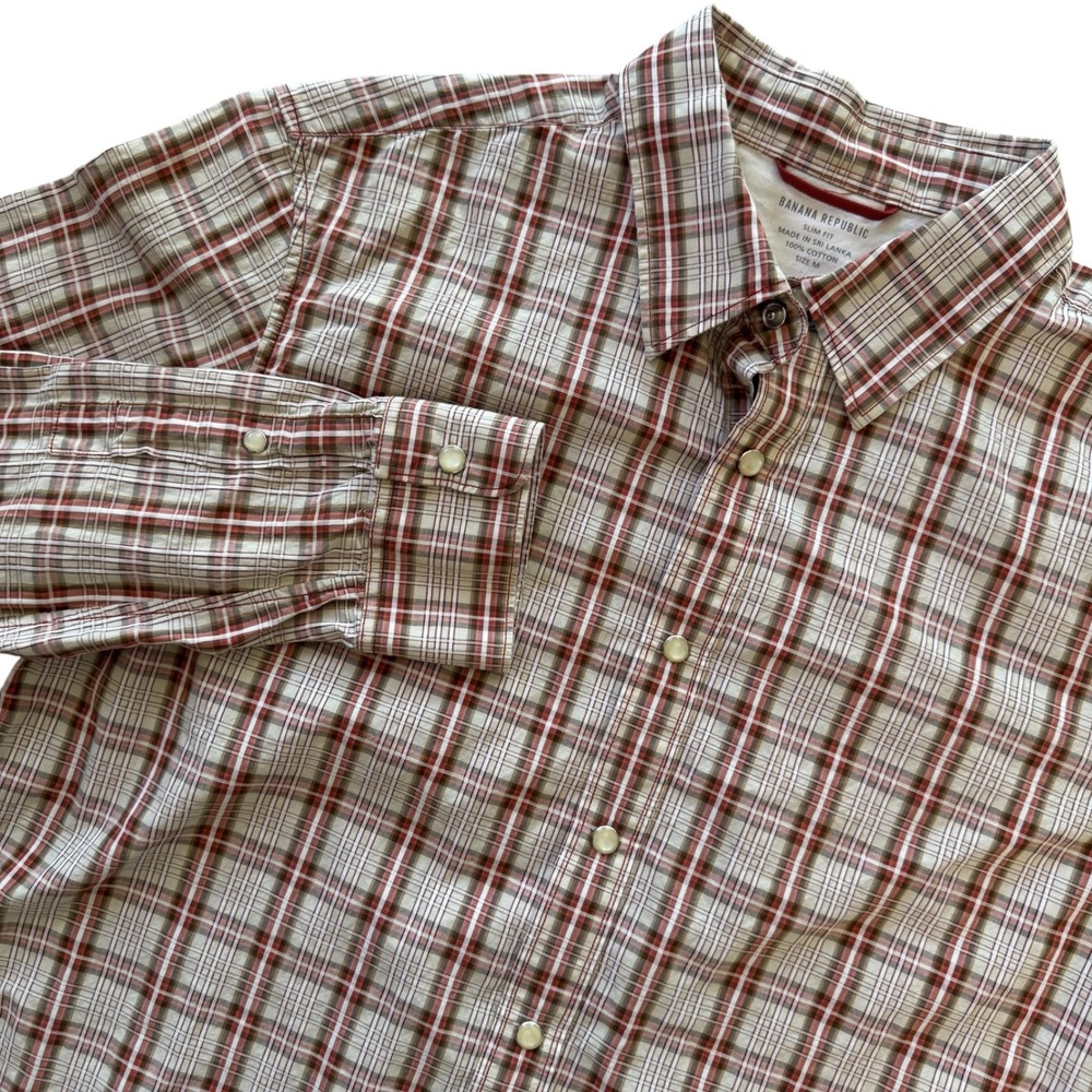 Banana Republic Medium Slim Fit Snap Red Plaid Button Up Long Sleeve Men's Shirt